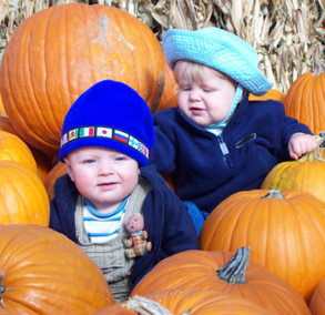 Isabelle helps Max in the pumpkin patch